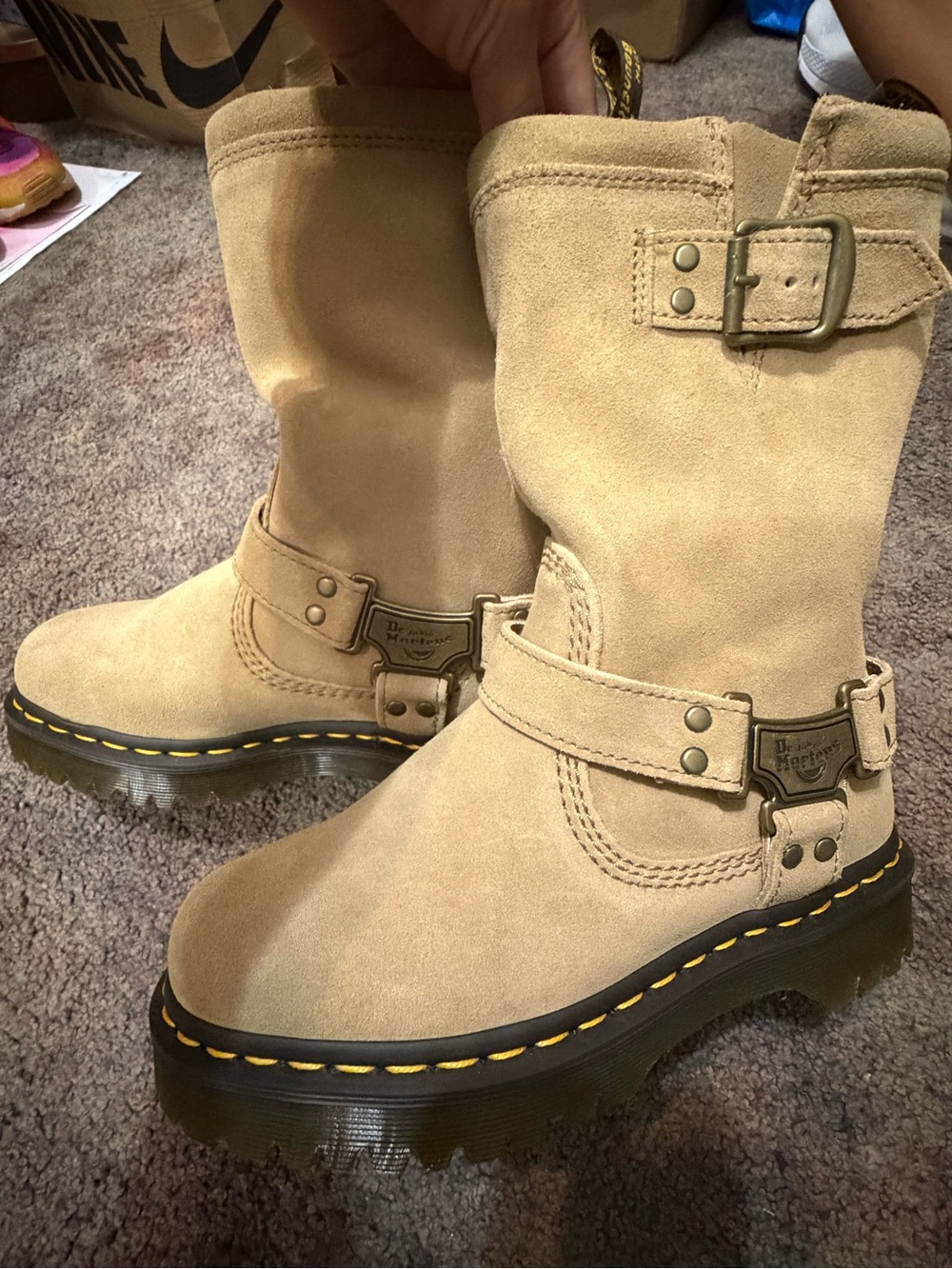 Dr. Martens Tan Suede Harness Boots with Yellow Stitching